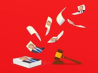 A photo illustration of Donald Trump and a court gavel.