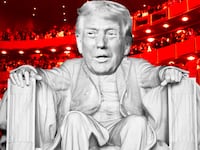 A photo illustration of Donald Trump as a marble figure sitting in the Kennedy Center.