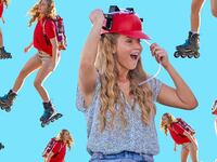 A photo illustration of Jennifer Lawrence roller skating in the movie No Hard Feelings.