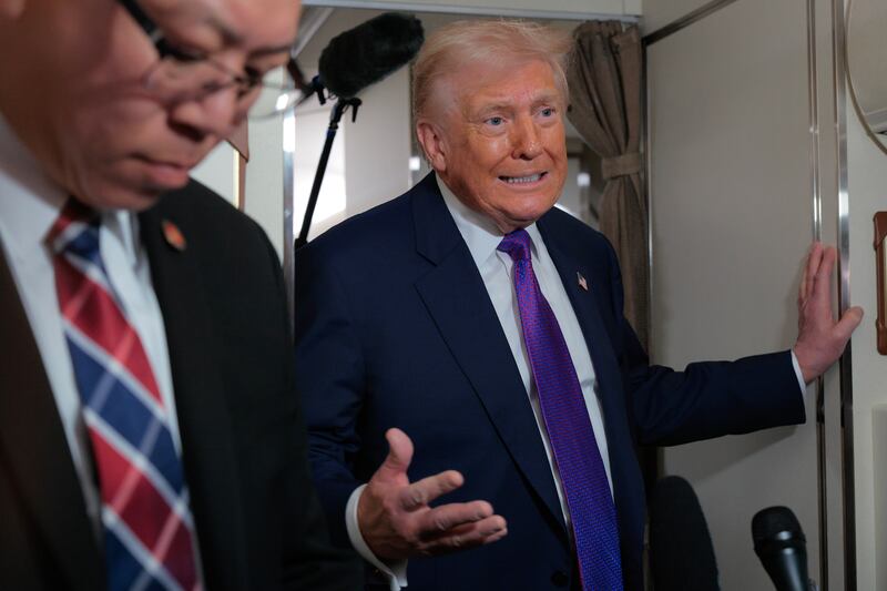 JOINT BASE ANDREWS, MARYLAND - FEBRUARY 19: U.S. President Donald Trump talks to reporters on board Air Force One on February 19, 2026 at Joint Base Andrews, Maryland. Trump is flying to Georgia to visit a steel company and speak on the economy. (Photo by Chip Somodevilla/Getty Images)