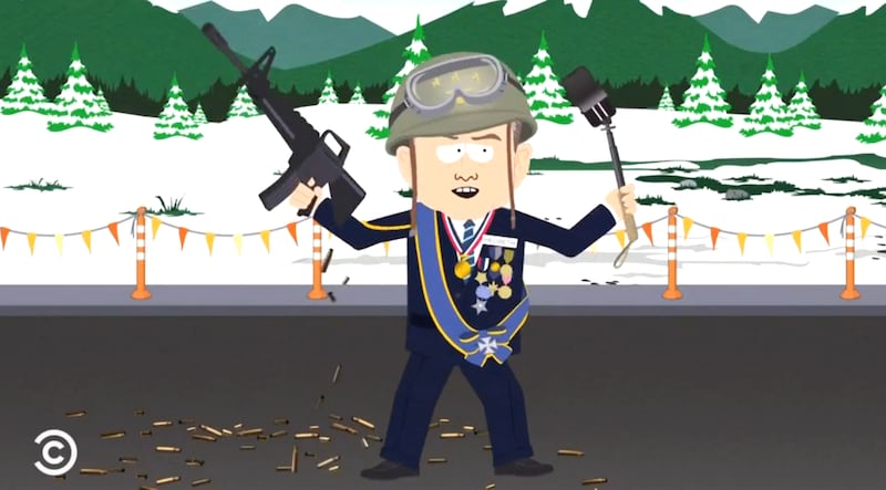 South Park, Pete Hegseth holding a gun and a selfie stick