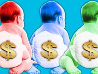 photo illustration, babies with dollar signs on diapers