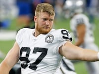 Josh Mauro #97 of the Oakland Raiders on the field before the game against the Indianapolis Colts at Lucas Oil Stadium on September 29, 2019 in Indianapolis, Indiana.