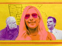 A photo illustration of Steve Bannon, Marjorie Taylor Greene, and Matt Gaetz over a map of MTG’s Georgia district.