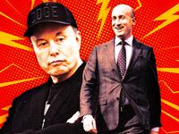 A photo illustration of Elon Musk and Stephen Miller on a red background with lightning.