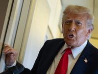 US President Donald Trump speaks to the press as he flies back to the United States from the United Kingdom onboard Air Force One on September 18, 2025. (Photo by ANDREW CABALLERO-REYNOLDS / AFP) (Photo by ANDREW CABALLERO-REYNOLDS/AFP via Getty Images)