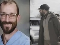 Alex Pretti portrait and shown in a video of an earlier run-in with ICE agents.