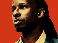 Photo illustration of Ibram X. Kendi on a burnt orange background