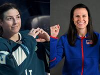 Brittany Bowe (right) and Hilary Knight (left)