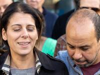 Karim and Nancy Iskander talk with media outside Van Nuys courtroom after verdict on Friday, Feb. 23, 2024 in Los Angeles, CA.