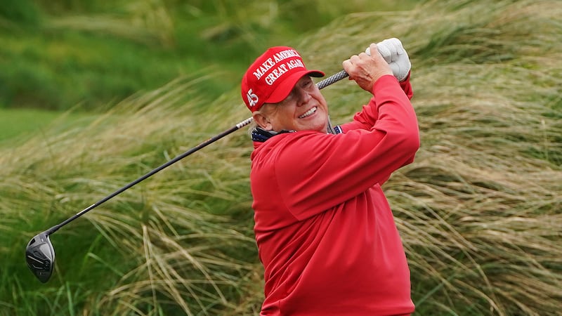 Former US president Donald Trump on the 4th tee at Trump International Golf Links & Hotel in Doonbeg, Co. Clare, during his visit to Ireland. Picture date: Thursday May 4, 2023.