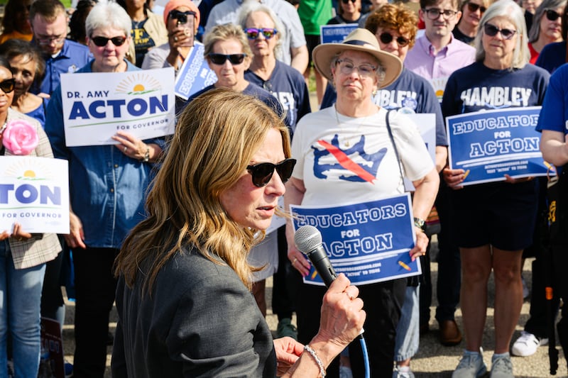 Ohio Democratic gubernatorial candidate and former director of the Ohio Department of Health, Dr. Amy Acton, speaks to supporters during a rally on April 28, 2026 in Cincinnati, Ohio.