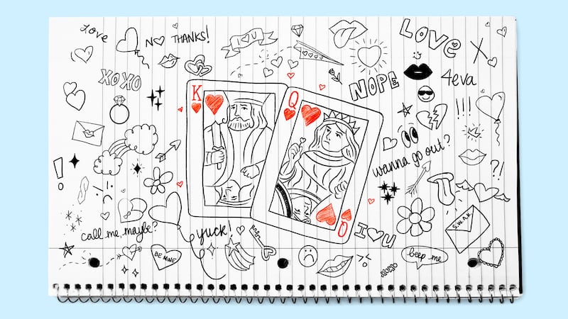 Photo illustration of a lined notebook with high school doodles about love drawn and a king and queen of hearts