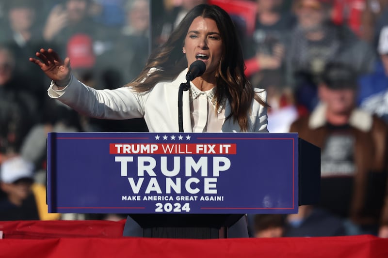 Former NASCAR driver Danica Patrick speaks during a Republican presidential nominee, former U.S. President Donald Trump campaign rally at Lancaster Airport on November 03, 2024 in Lititz, Pennsylvania.