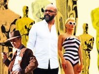 Photo illustration of Margot Robbie in Barbie, Cillian Murphy in Oppenheimer, Jeffrey Wright in American Fiction with Oscar statues