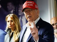 Republican presidential nominee former President Donald Trump thanks his staff at his campaign headquarters on Election Day, November 05, 2024 in West Palm Beach, Florida. Trump and his wife Melania Trump cast their votes at a polling place in the Morton and Barbara Mandel Recreation Center earlier in the day.