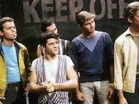 From left to right, actors Russ Tamblyn, Tony Mordente, Tucker Smith and Scooter Teague in a publicity still issued for the film, West Side Story