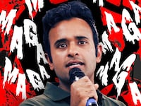 A photo illustration of Vivek Ramaswamy with MAGA letters floating.