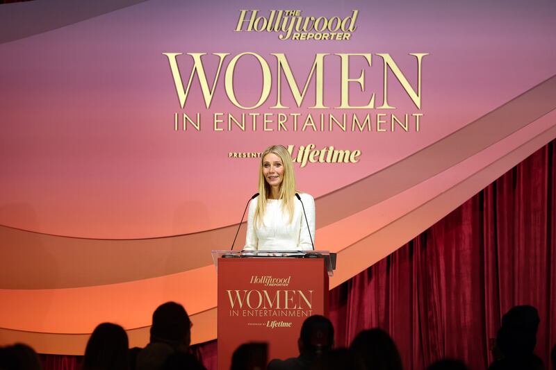BEVERLY HILLS, CALIFORNIA - DECEMBER 03: Honoree Gwyneth Paltrow accepts the Sherry Lansing Leadership Award onstage during the Hollywood Reporter Women In Entertainment Presented By Lifetime at The Beverly Hills Hotel on December 03, 2025 in Beverly Hills, California. (Photo by Phillip Faraone/The Hollywood Reporter via Getty Images)