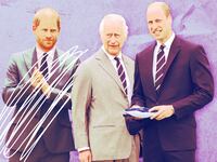 A photo illustration of Prince Harry, King Charles III and Prince William.