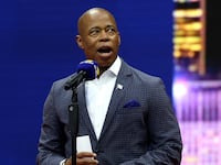 Mayor Eric Adams speaks before the first round match between Coco Gauff of the U.S. and Germany's Laura Siegemund