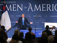 Donald Trump gestures after speaking at the Concerned Women for America Summit