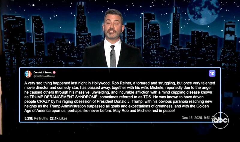Jimmy Kimmel Live! Kimmel showing Trump's Truth Social response to Rob Reiner's death.