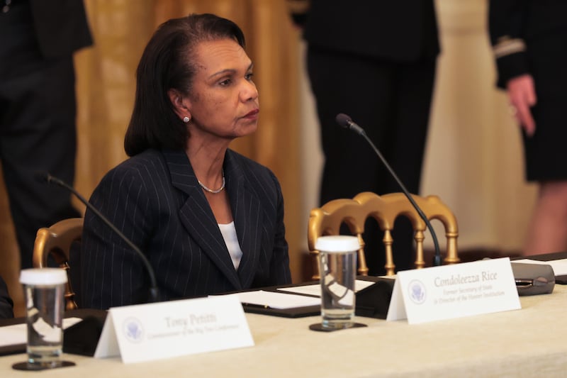 Former Secretary of State Condoleezza Rice was spotted at the White House attending a roundtable discussion on college sports in the East Room on March 06, 2026 after Trump launched a war with Iran.