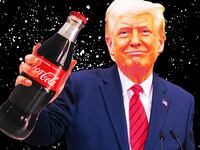 A photo illustration of President Donald Trump holding up a bottle of Coca-Cola.