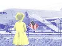 A girl in the foreground in yellow against a blue background with a fence and a plane.