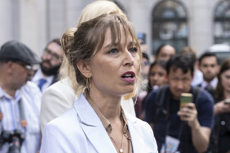 NEW YORK, USA - JUNE 28: Annie Farmer, an alleged victim of Jeffrey Epstein and Ghislaine Maxwell, speaks during a news conference outside federal court in New York on June 28, 2022. Ghislaine Maxwell was sentenced to 20 years in prison for her part in sexual abuse of girls by Jeffrey Epstein who committed suicide while awaiting trial.