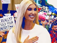 Ivanka Trump in front of protesters.