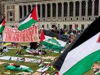For the fifth day, pro-Palestinian students occupy a central lawn on the Columbia University campus, on April 21, 2024 in New York City.
