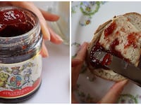 Side-by-side photos of Buckingham Palace’s strawberry jam advertisement.