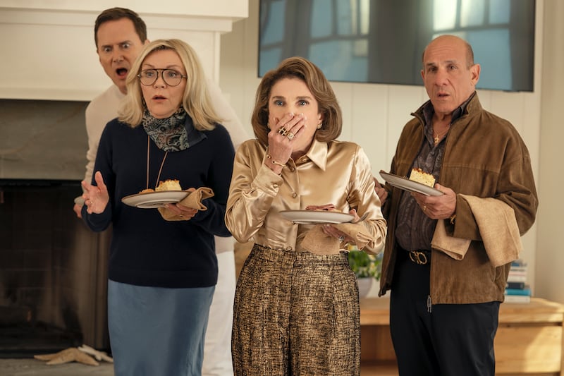 (L-R) Michael Hitchcock as Henry, Stephanie Faracy as Lynn, Tovah Feldshuh as Bina, and Paul Ben-Victor as Ilan in episode 310 of Nobody Wants This. Cr. Katrina Marcinowski/Netflix © 2026