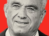 Photo illustration of Robert F Kennedy Jr on a red background.