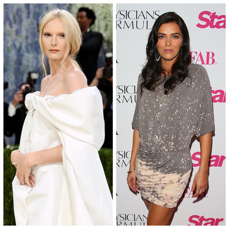 Supermodel Alex Consani attends the 2026 Met Gala in a custom-designed Gucci ensemble (left); reality television personality Adrianne Curry attends Star Magazine's Hollywood Rocks event in 2016 (right).