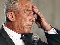 Independent presidential candidate Robert F. Kennedy Jr. pauses while he speaks at a Cesar Chavez Day event at Union Station in Los Angeles.