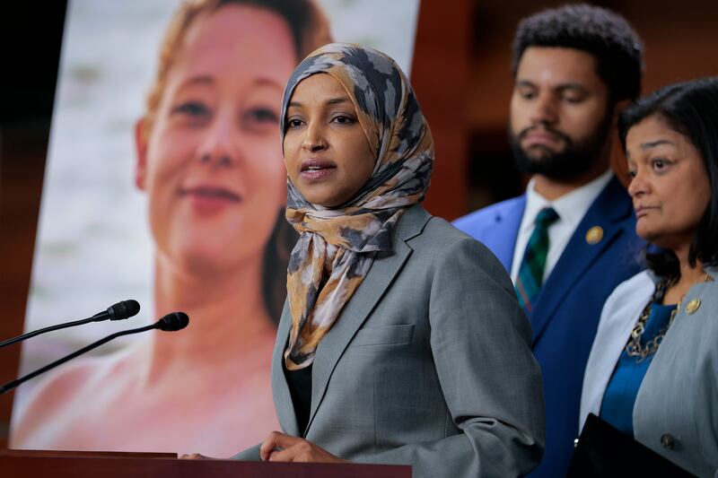 U.S. Rep. Ilhan Omar (D-MN), Deputy Chair of the Congressional Progressive Caucus, speaks at a press conference at the U.S. Capitol on January 13, 2026 in Washington, DC. The Congressional Progressive Caucus discussed DHS funding and the death of Renee Good in Minneapolis.
