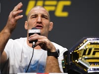 Sean Strickland speaking at a UFC press conference.