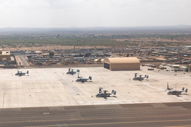 US military aircraft at Camp Lemonnier on Jan 21, 2024 in Djibouti. Camp Lemonnier is the only permanent United States military base in Africa. Djibouti sits opposite Yemen, across the Bab-el-Mandeb strait, which connects the Red Sea to the Gulf of Aden.