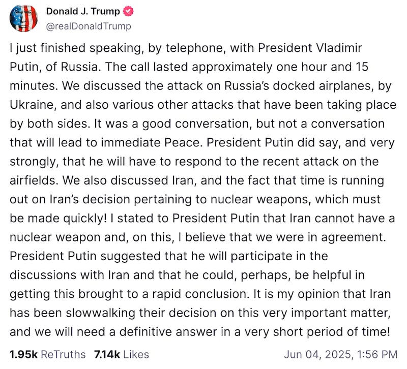 Trump shares on Truth Social what he and Putin talked about on Wednesday.