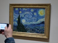 A visitor looks at the work 'The Starry Night' by artist Vincent van Gogh at the Museum of Modern Art (MoMA) in New York City, USA, 08 March 2014. Photo: Felix Hoerhager/dpa | usage worldwide (Photo by Felix Hörhager/picture alliance via Getty Images)