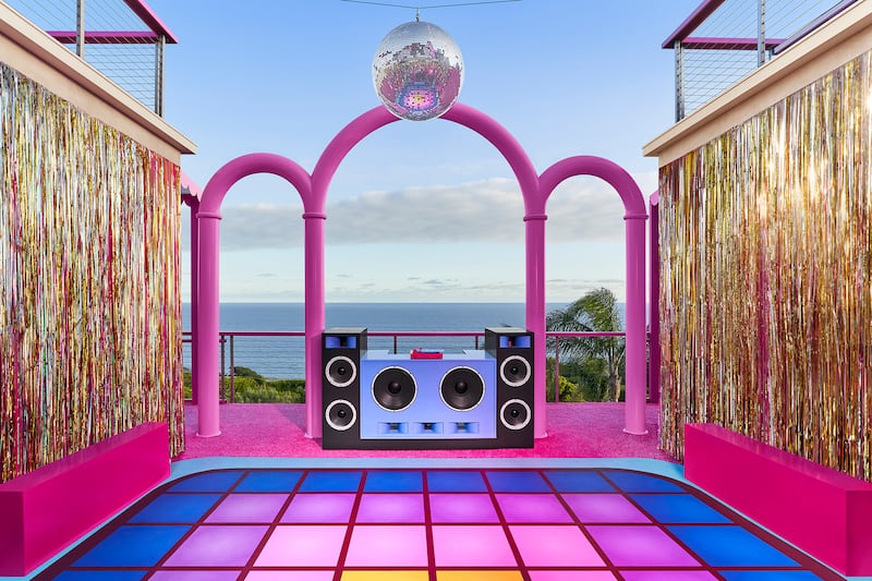 A photo of the disco dance floor at the Malibu Airbnb Barbie Dream House in California.
