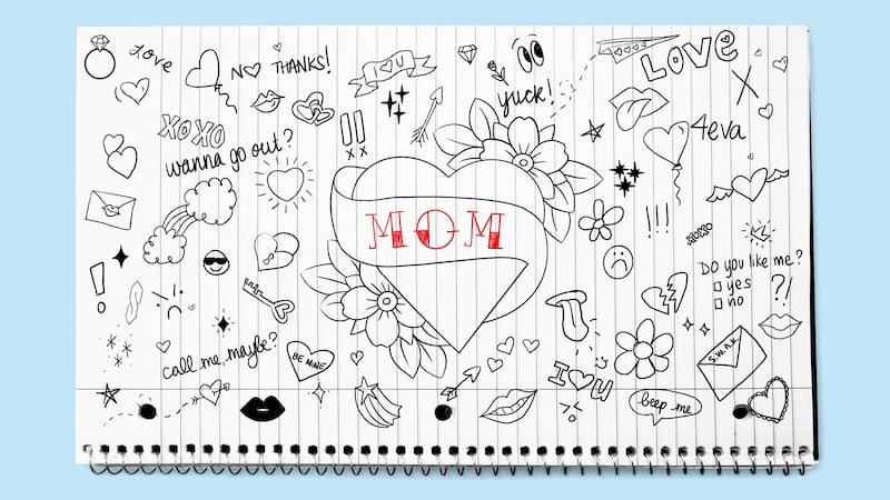 Illo illustration of a notebook full of a high school doodles and a mom tattoo