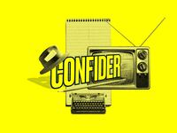Confider logo illustrated over a yellow background.