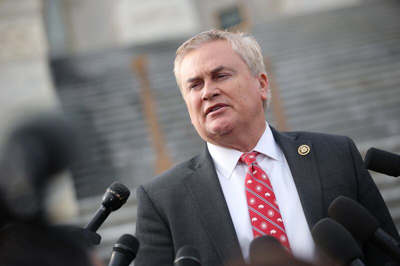 WASHINGTON, DC - FEBRUARY 03: Chairman of the House Oversight and Accountability Committee Rep. James Comer (R-KY) speaks to reporter as he leaves the U.S. Capitol on February 3, 2026 in Washington, DC. The House passed legislation today that ends the partial government shutdown while lawmakers negotiate over Immigration and Customs Enforcement policy and funding for the Department of Homeland Security. (Photo by Kevin Dietsch/Getty Images)