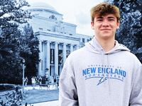 A photo illustration showing Nicholas Donofrio staring forward with the University of South Carolina in the background.