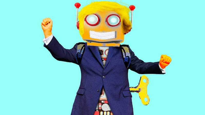 A photo illustration of a retro robot Donald Trump.
