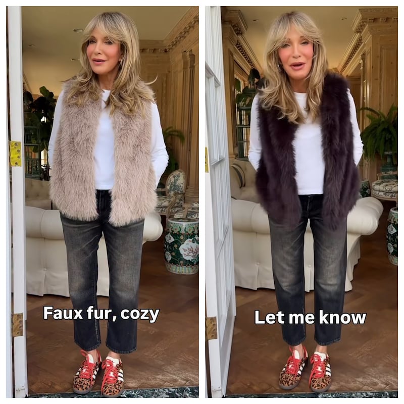 Jaclyn Smith modeled two faux-fur vests in two different colors on Instagram.
